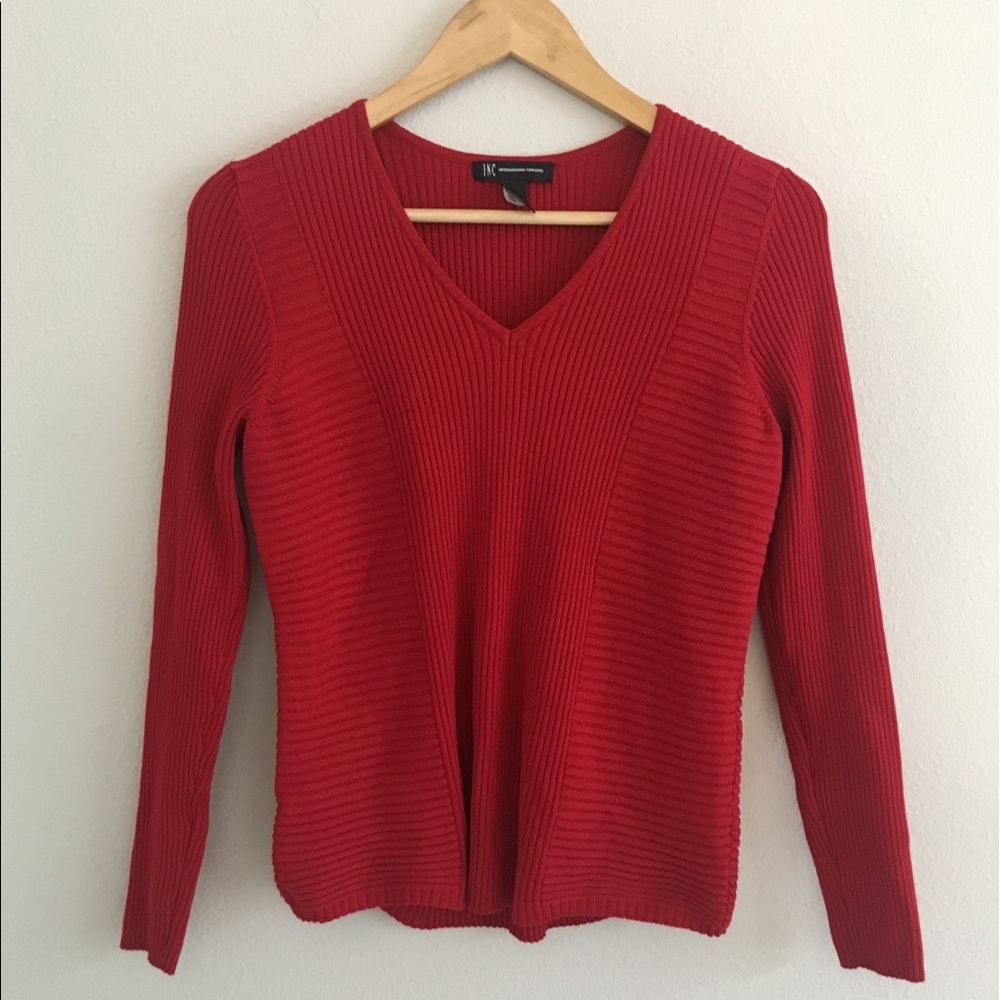 INC Medium Red v-neck Sweater ribbed knit Macy’s